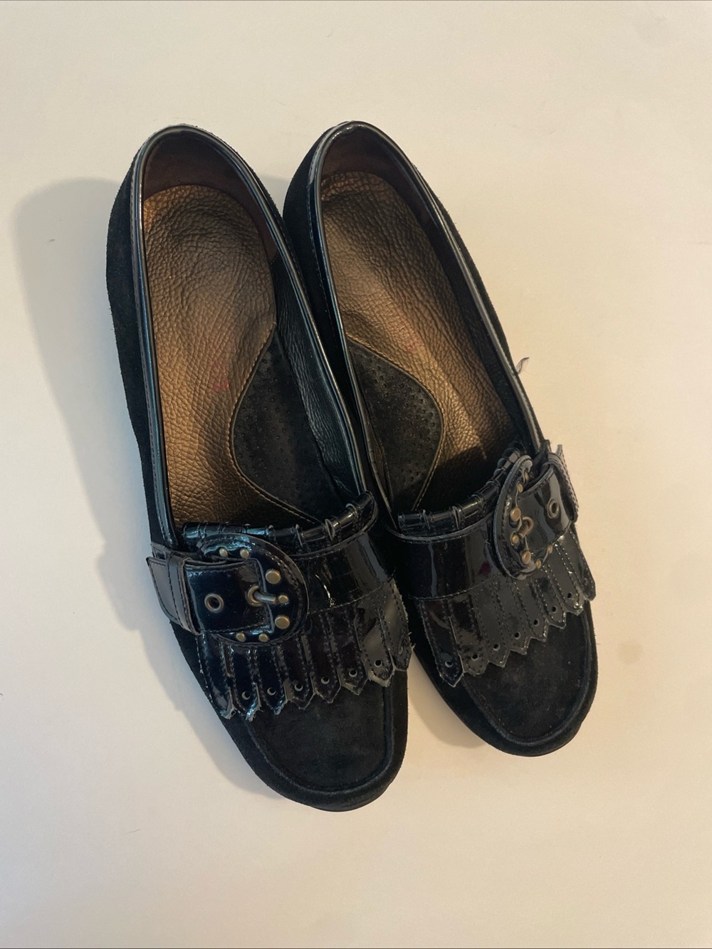 Sesto Meucci Black Suede & Patent Loafer Flats with Buckle